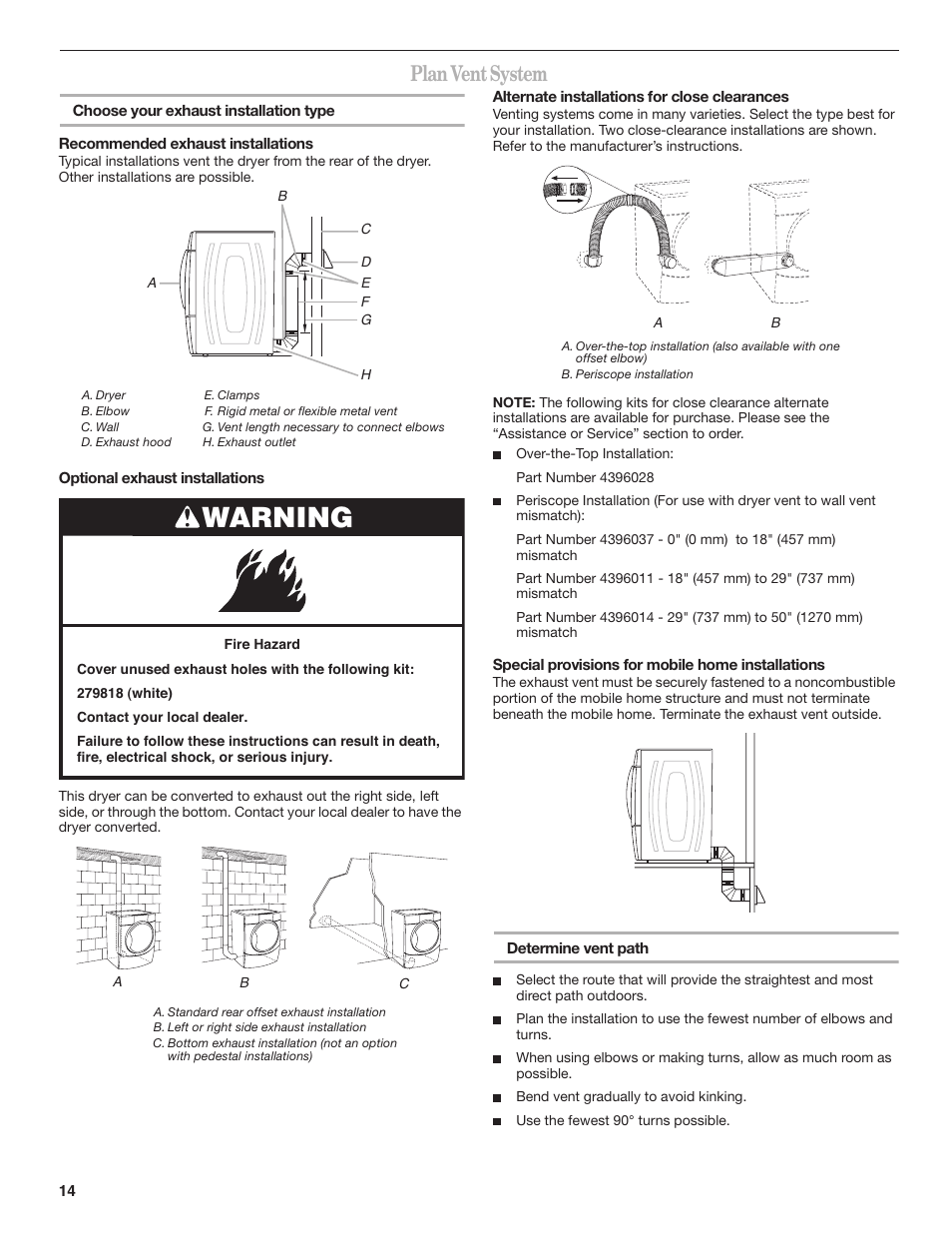 Warning, Plan vent system | Whirlpool DUET SPORT W10151580B User Manual | Page 14 / 28