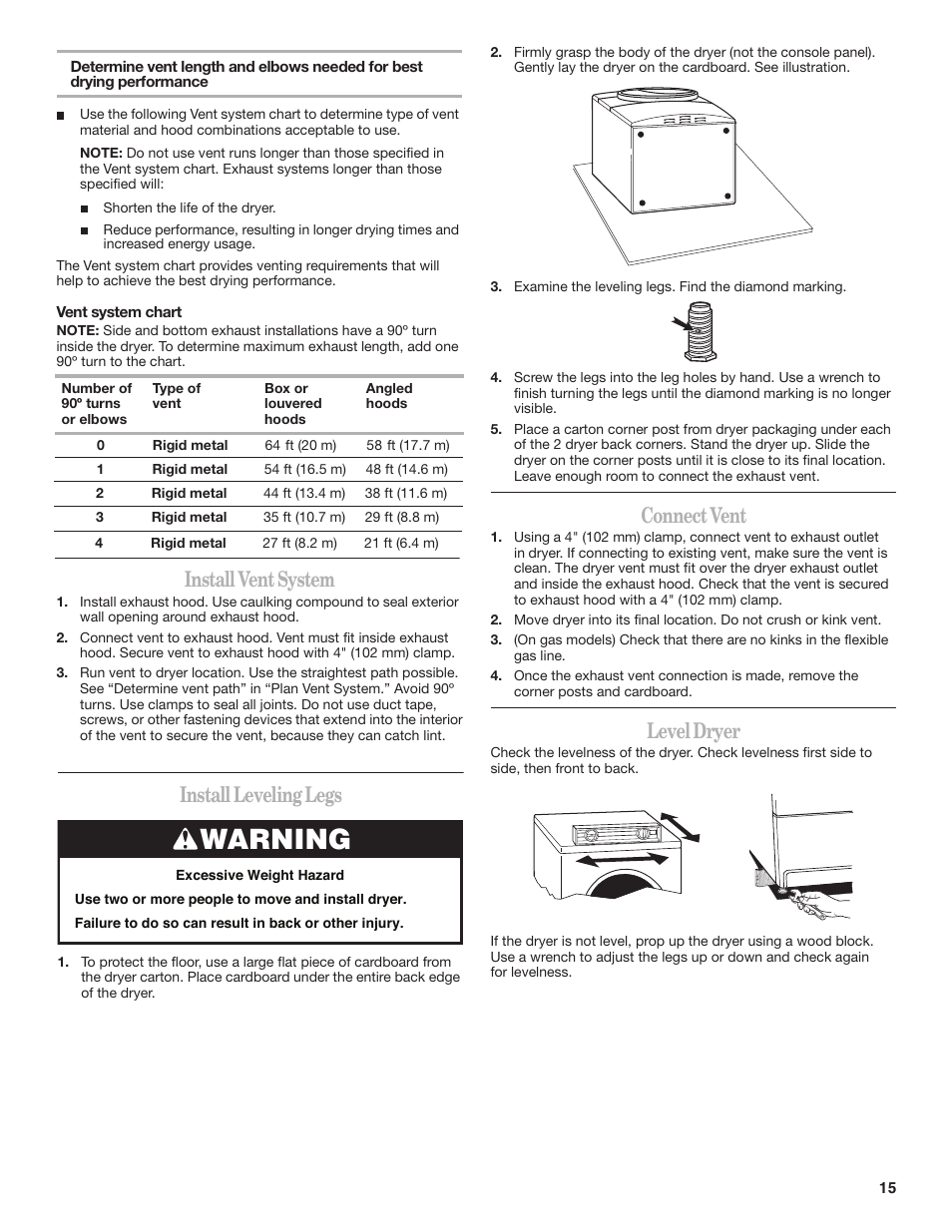 Warning, Install vent system, Install leveling legs | Connect vent, Level dryer | Whirlpool DUET SPORT W10151580B User Manual | Page 15 / 28