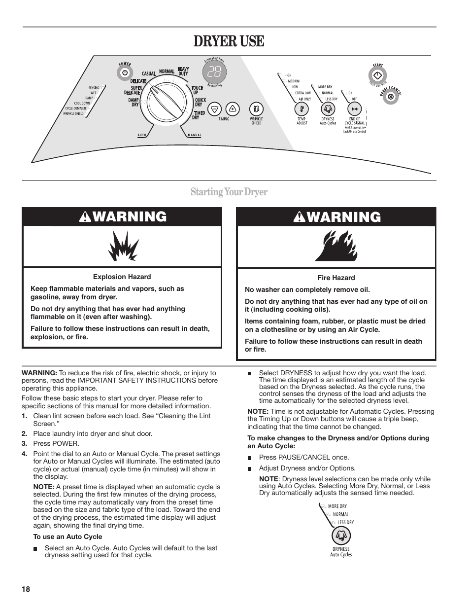 Dryer use, Warning, Starting your dryer | Whirlpool DUET SPORT W10151580B User Manual | Page 18 / 28