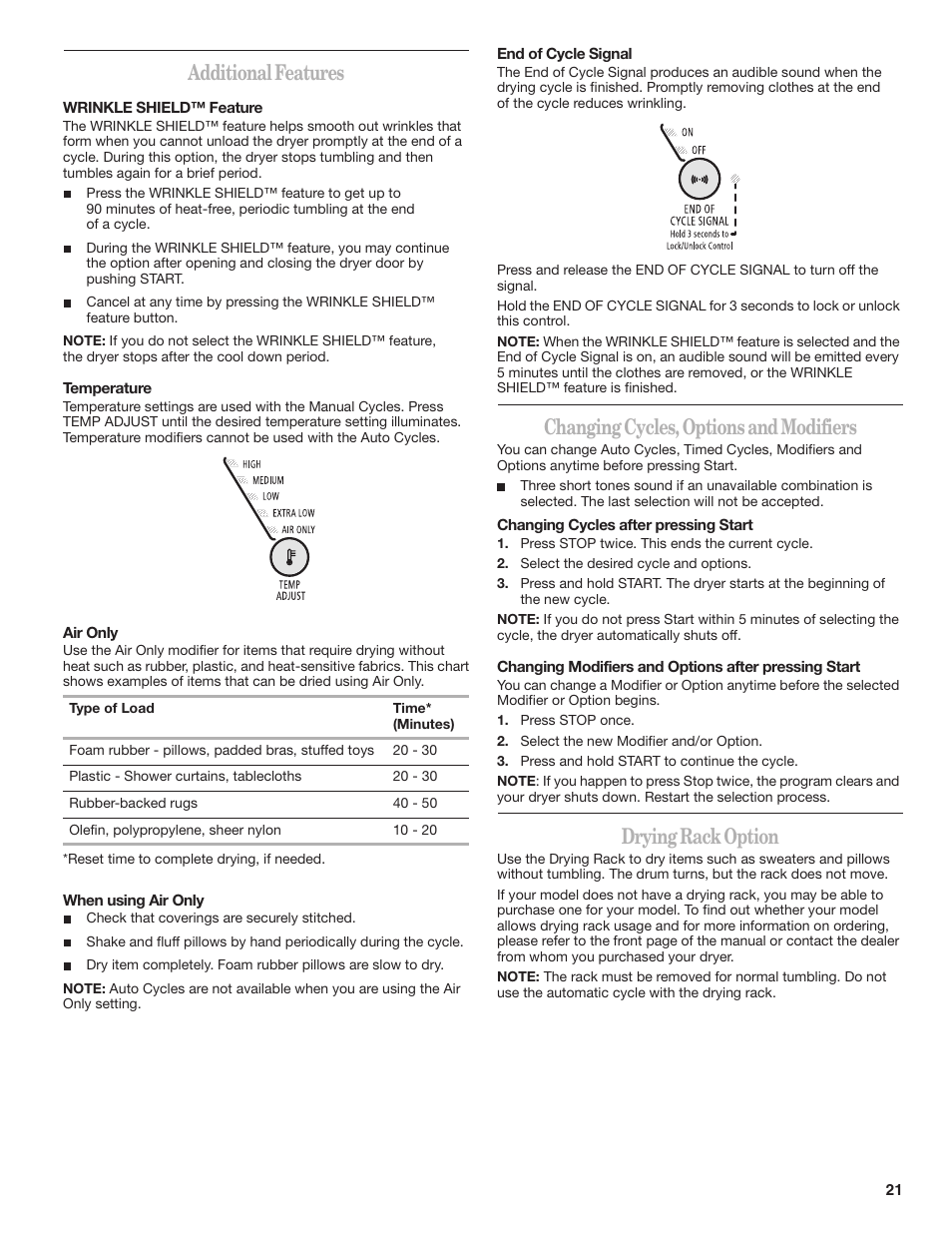 Additional features, Changing cycles, options and modifiers, Drying rack option | Whirlpool DUET SPORT W10151580B User Manual | Page 21 / 28