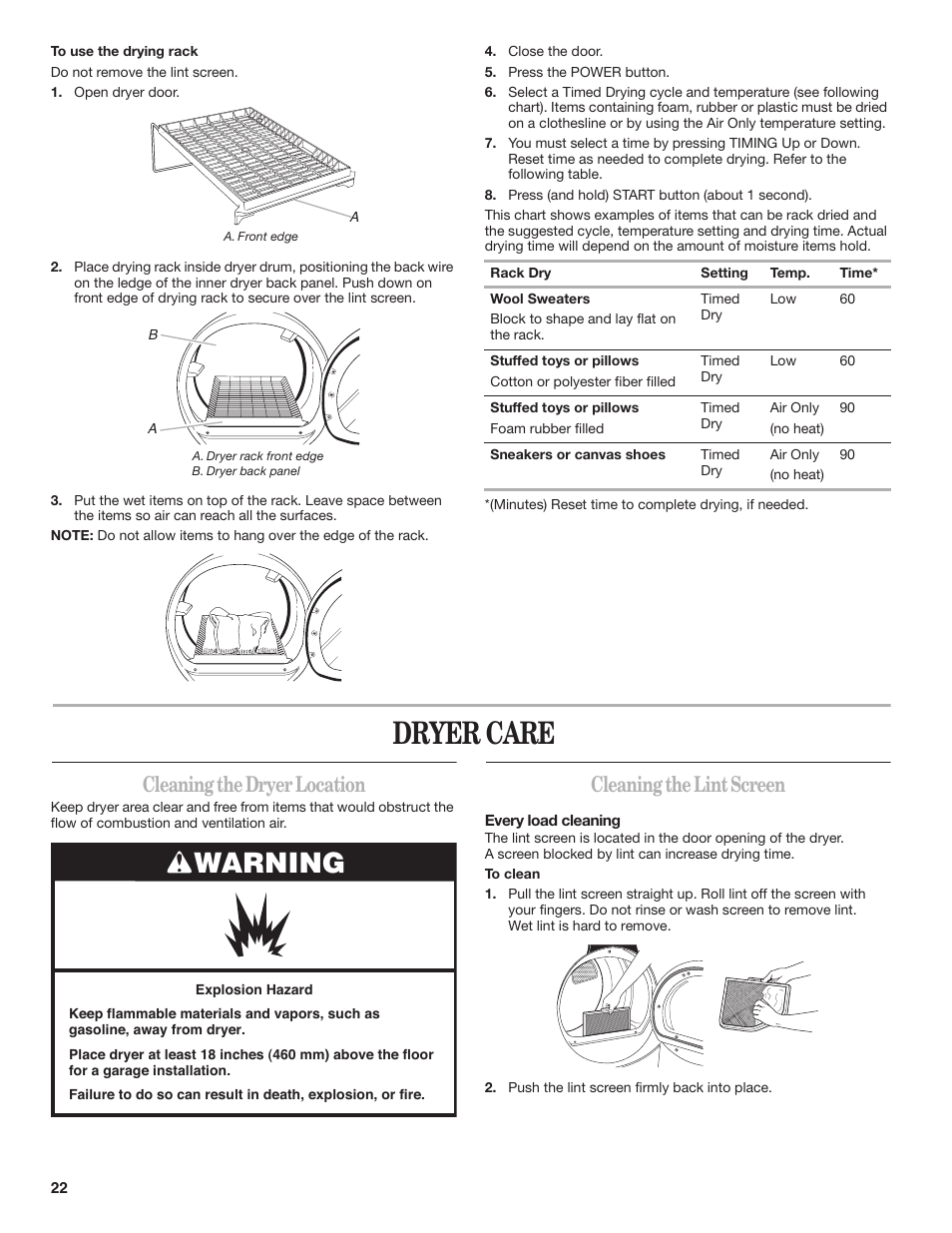 Dryer care, Warning, Cleaning the dryer location | Cleaning the lint screen | Whirlpool DUET SPORT W10151580B User Manual | Page 22 / 28