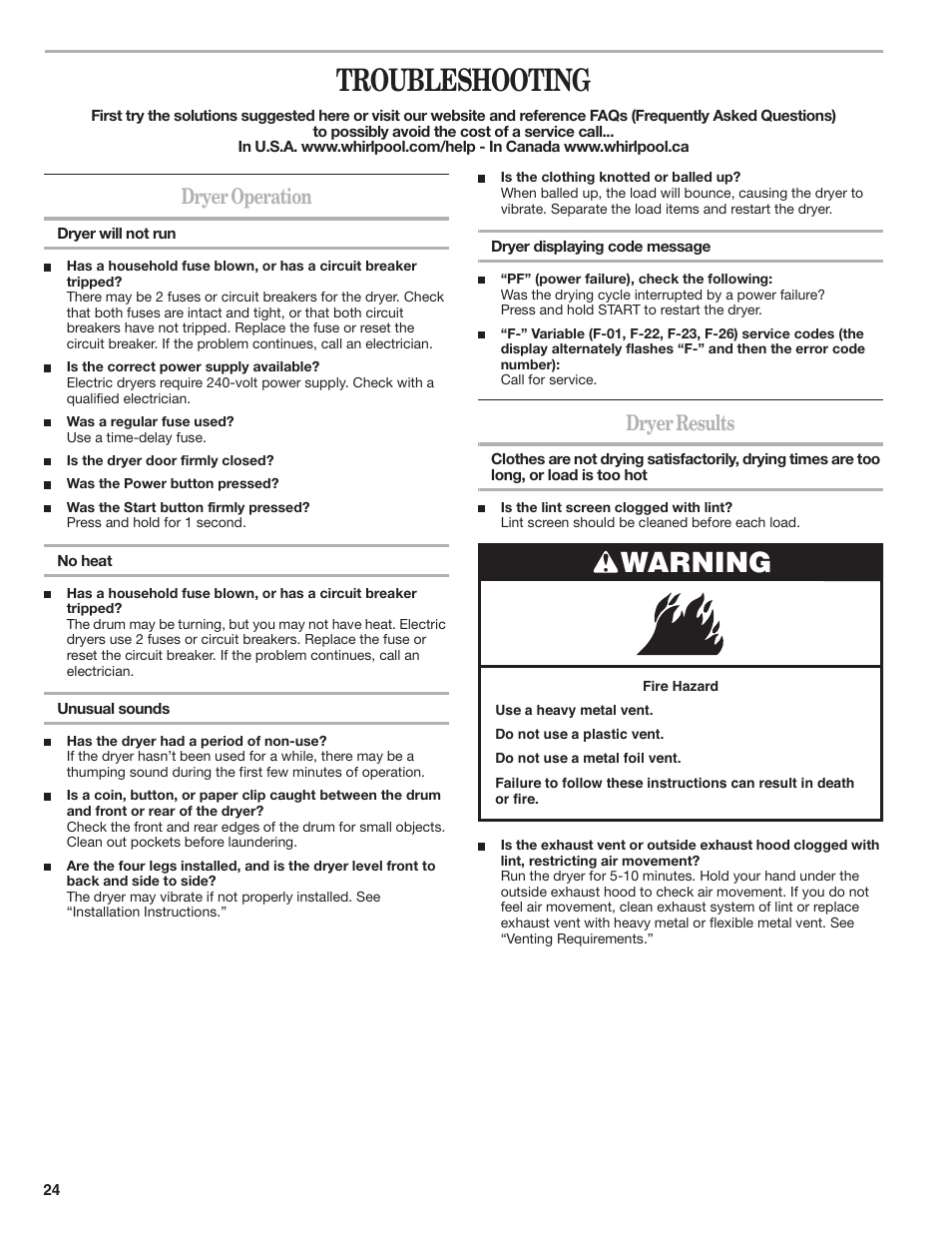 Troubleshooting, Warning, Dryer operation | Dryer results | Whirlpool DUET SPORT W10151580B User Manual | Page 24 / 28