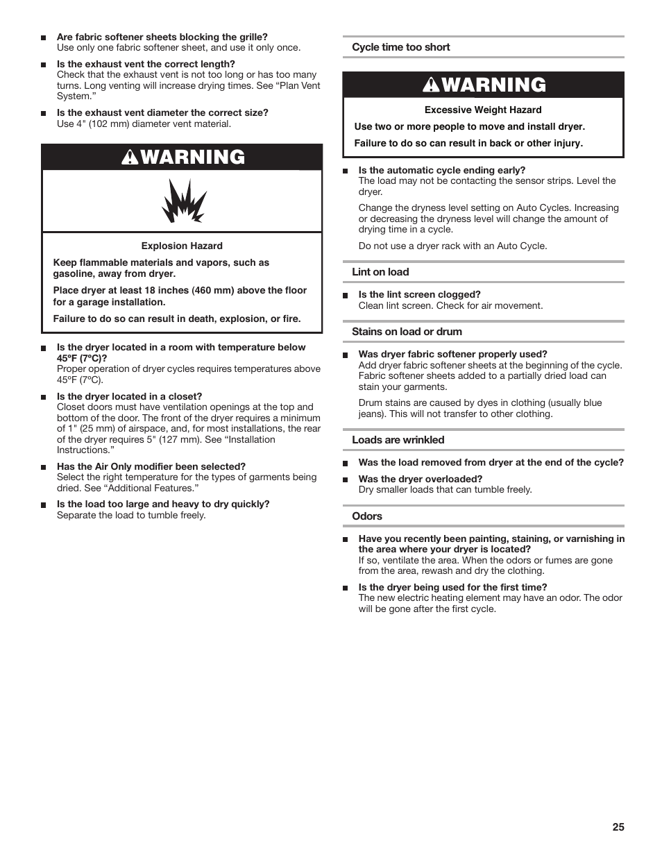 Warning | Whirlpool DUET SPORT W10151580B User Manual | Page 25 / 28