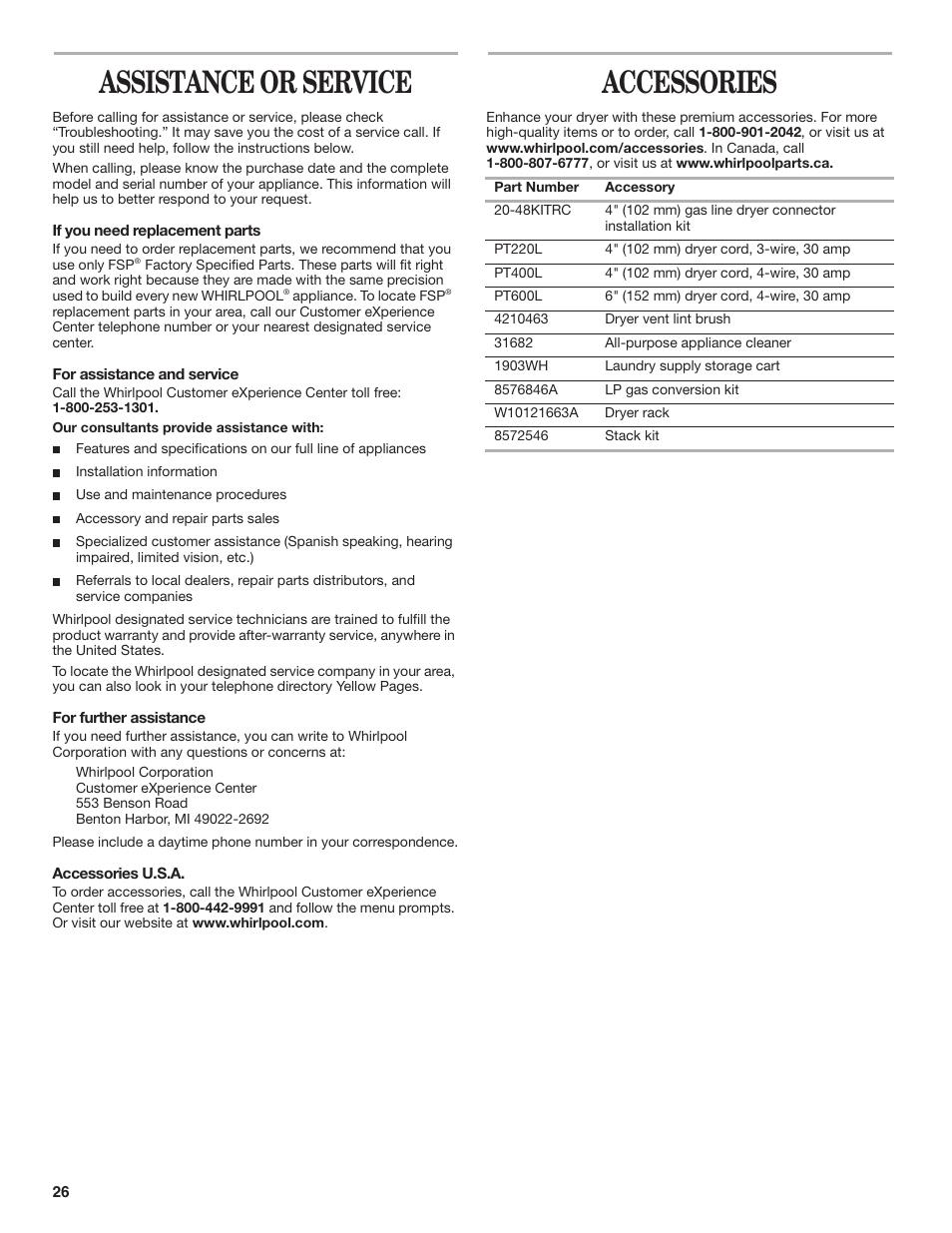 Assistance or service, Accessories | Whirlpool DUET SPORT W10151580B User Manual | Page 26 / 28