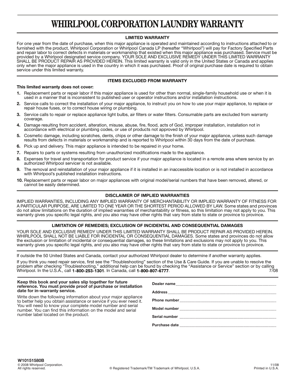 Whirlpool corporation laundry warranty | Whirlpool DUET SPORT W10151580B User Manual | Page 28 / 28