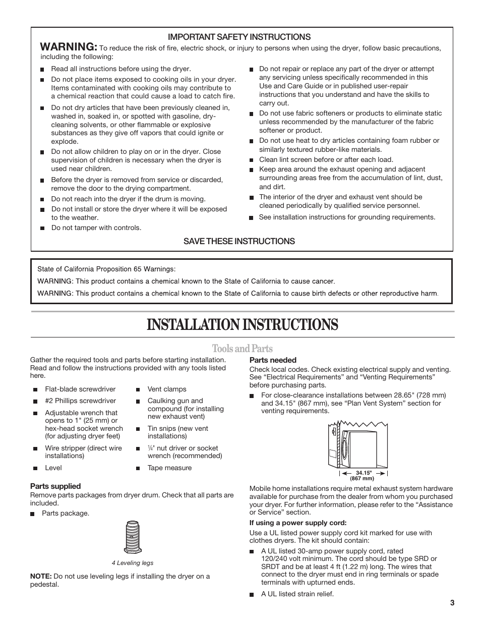 Installation instructions, Tools and parts, Warning | Whirlpool DUET SPORT W10151580B User Manual | Page 3 / 28