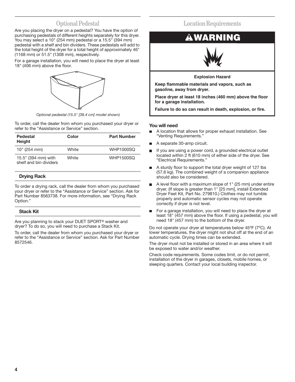 Warning, Optional pedestal, Location requirements | Whirlpool DUET SPORT W10151580B User Manual | Page 4 / 28