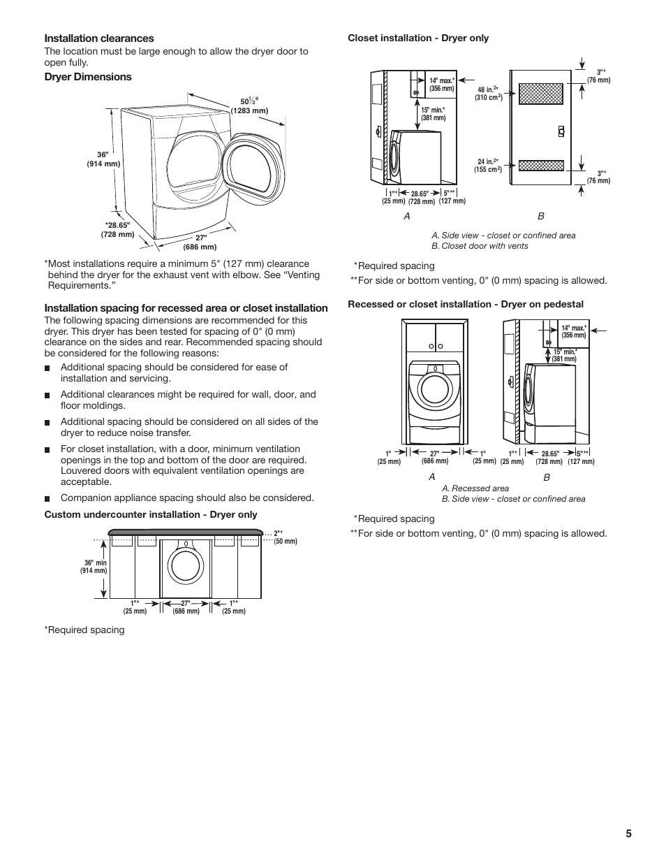 5installation clearances, Dryer dimensions | Whirlpool DUET SPORT W10151580B User Manual | Page 5 / 28