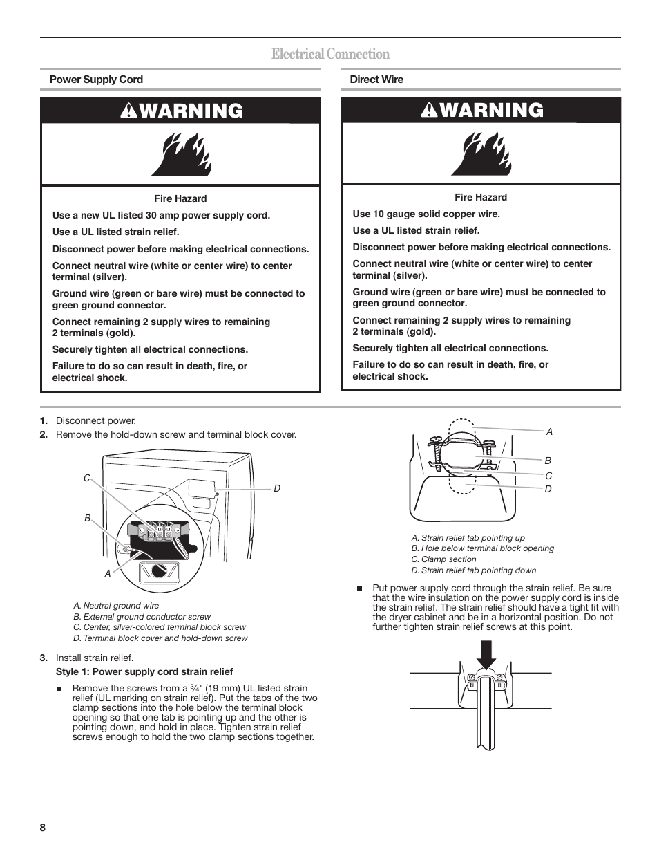 Warning, Electrical connection | Whirlpool DUET SPORT W10151580B User Manual | Page 8 / 28