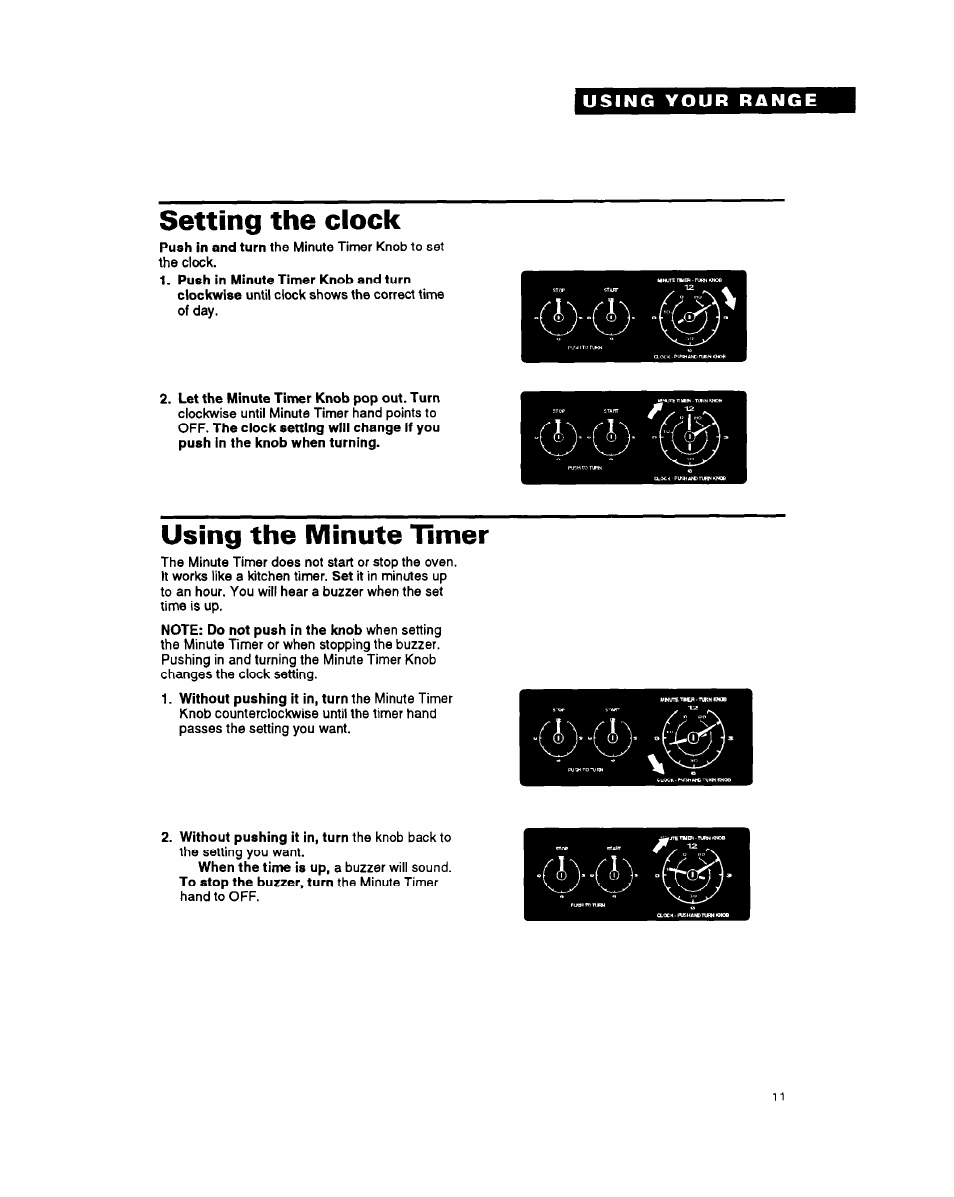 Setting the clock, Using the minute timer | Whirlpool FGS387Y User Manual | Page 11 / 32