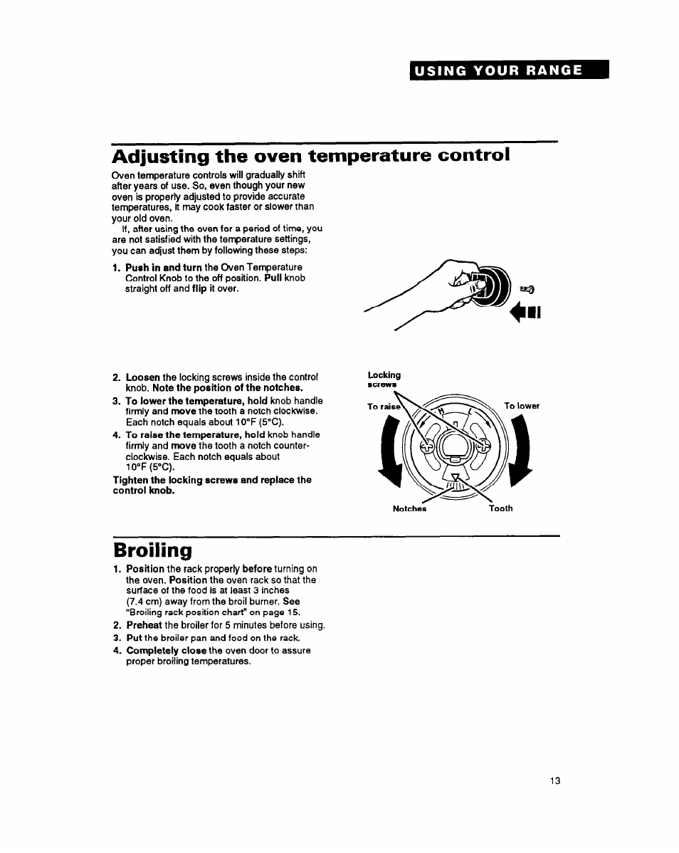 Adjusting the oven temperature control, Broiling | Whirlpool FGS387Y User Manual | Page 13 / 32