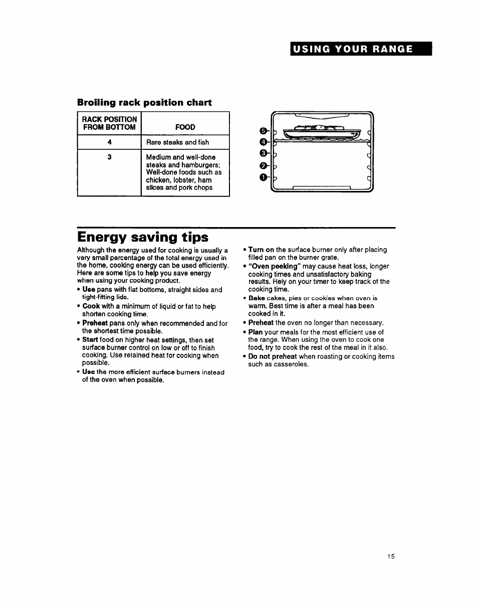 Broiling rack position chart, Energy saving tips | Whirlpool FGS387Y User Manual | Page 15 / 32