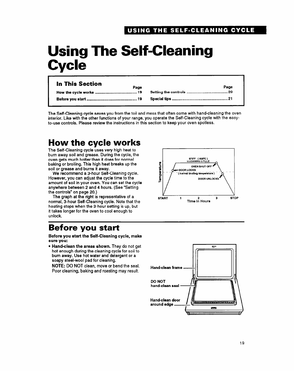 Using the self-cleaning cycle, How the cycle works, Before you start | Whirlpool FGS387Y User Manual | Page 19 / 32