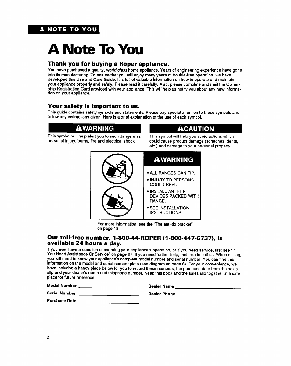 A note to you, Thank you for buying a roper appliance, Your safety is important to us | Whirlpool FGS387Y User Manual | Page 2 / 32