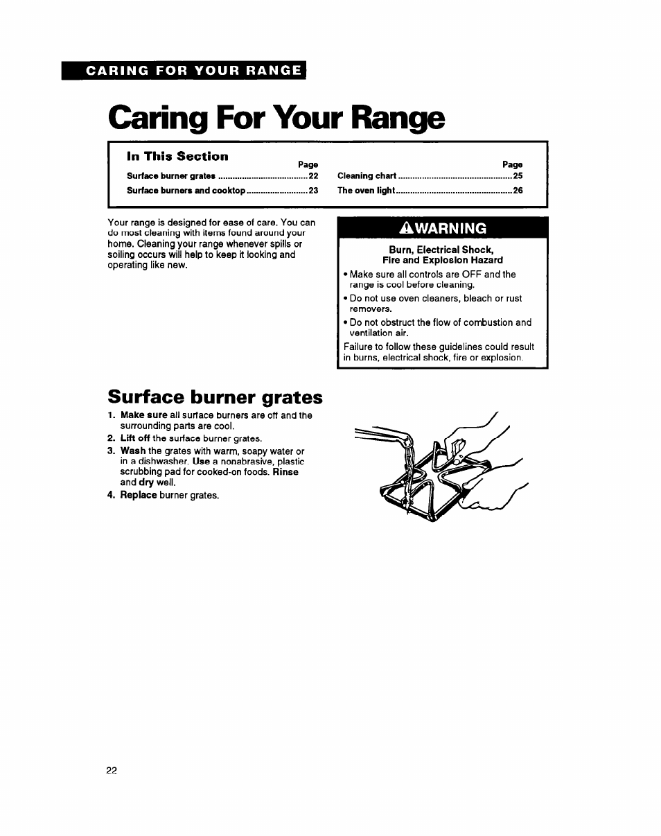 Caring for your range, Surface burner grates | Whirlpool FGS387Y User Manual | Page 22 / 32