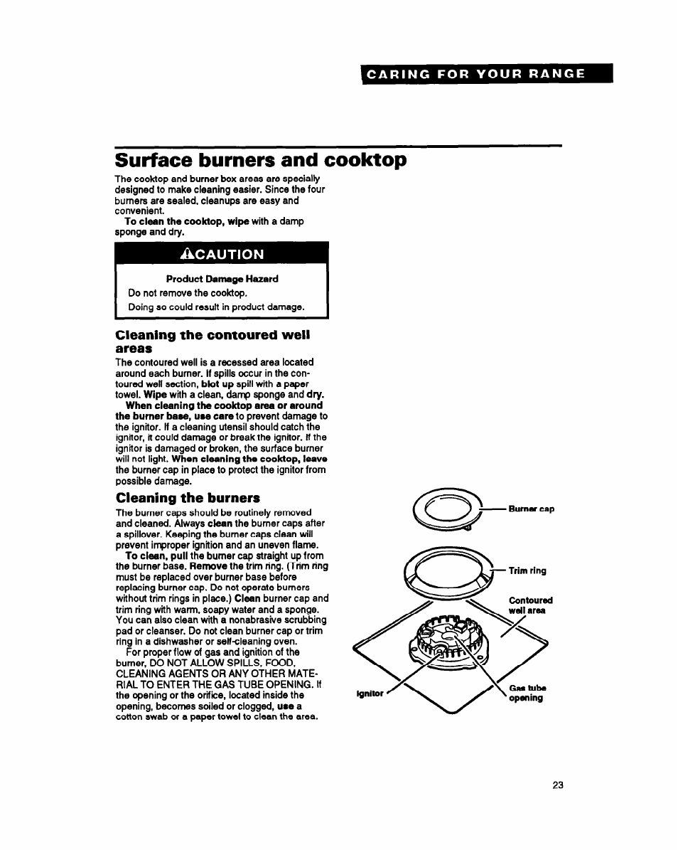 Surface burners and cooktop, Caution, Cleaning the contoured well areas | Cleaning the burners | Whirlpool FGS387Y User Manual | Page 23 / 32