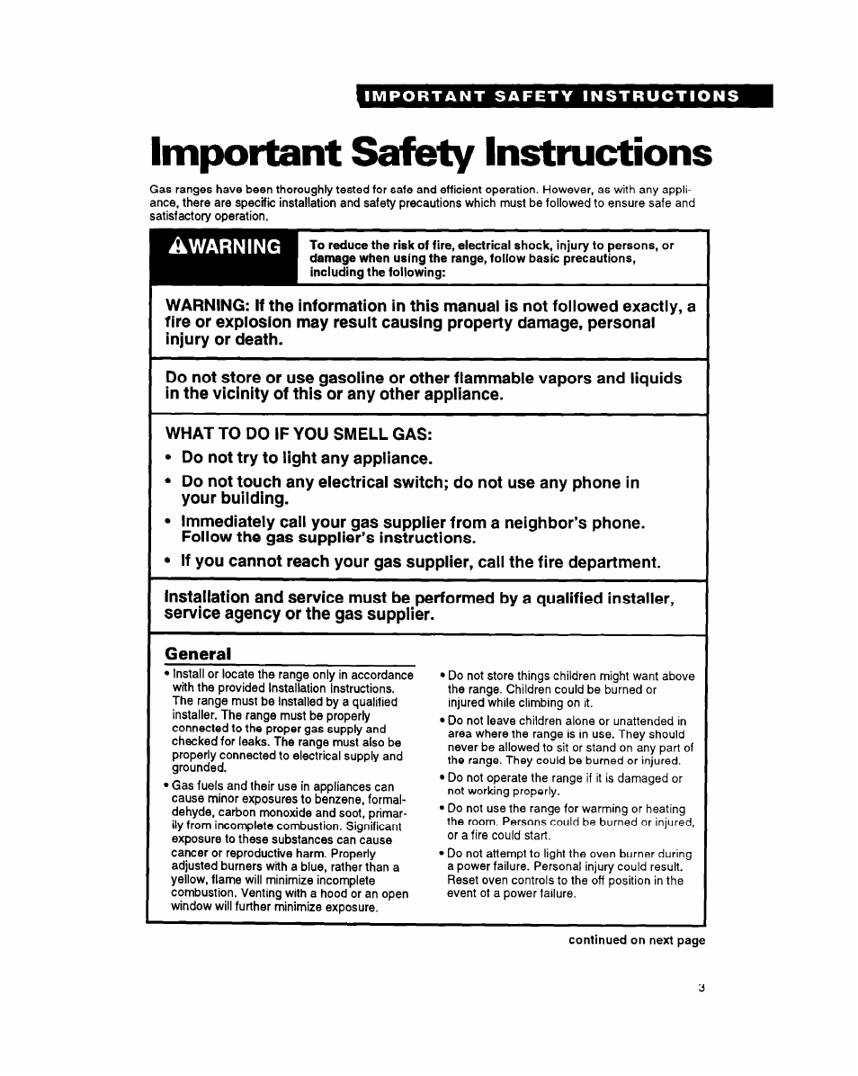 Important safety instructions, General, Warning | Whirlpool FGS387Y User Manual | Page 3 / 32