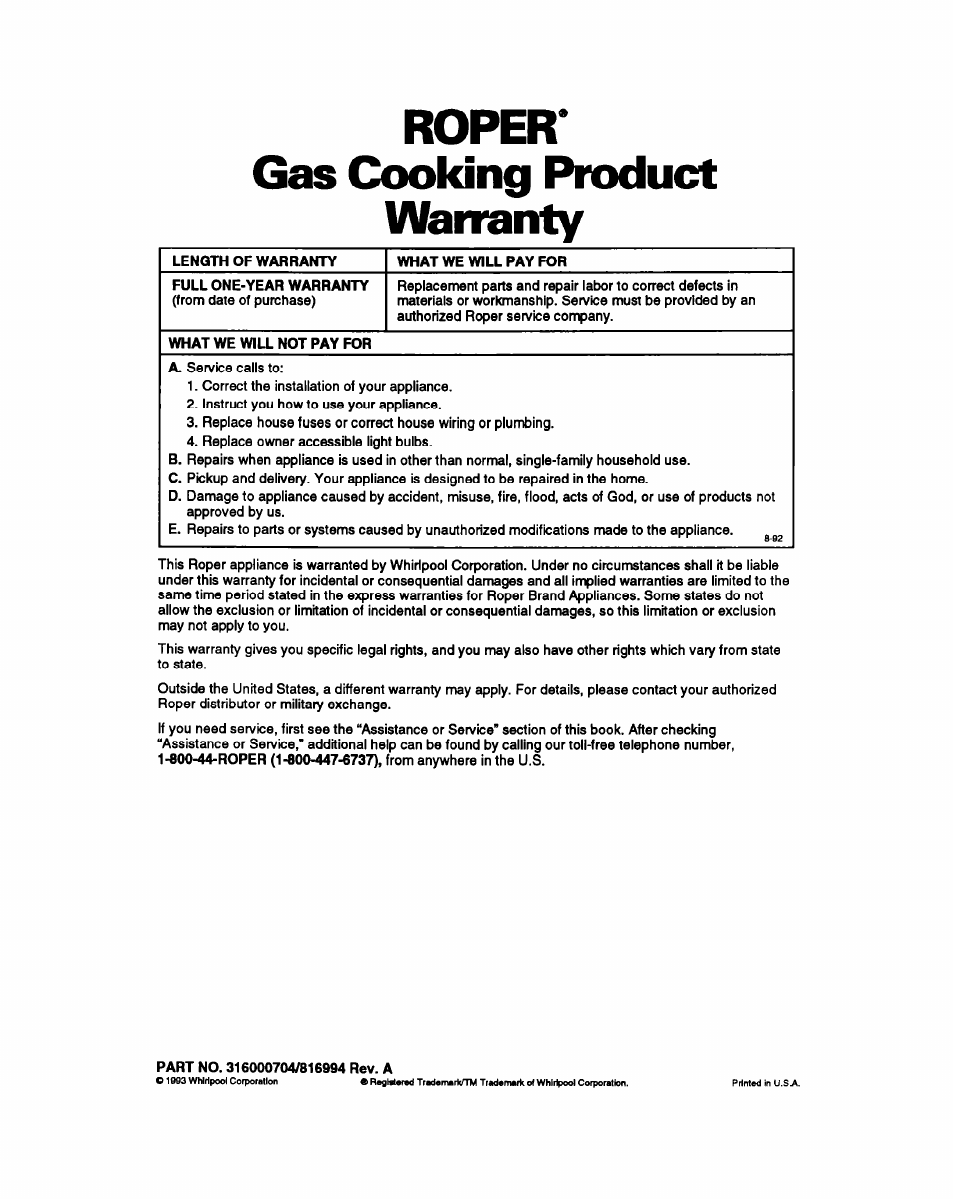 Roper, Gas cooking product warranty, Roper* gas cooking product warranty | Whirlpool FGS387Y User Manual | Page 32 / 32