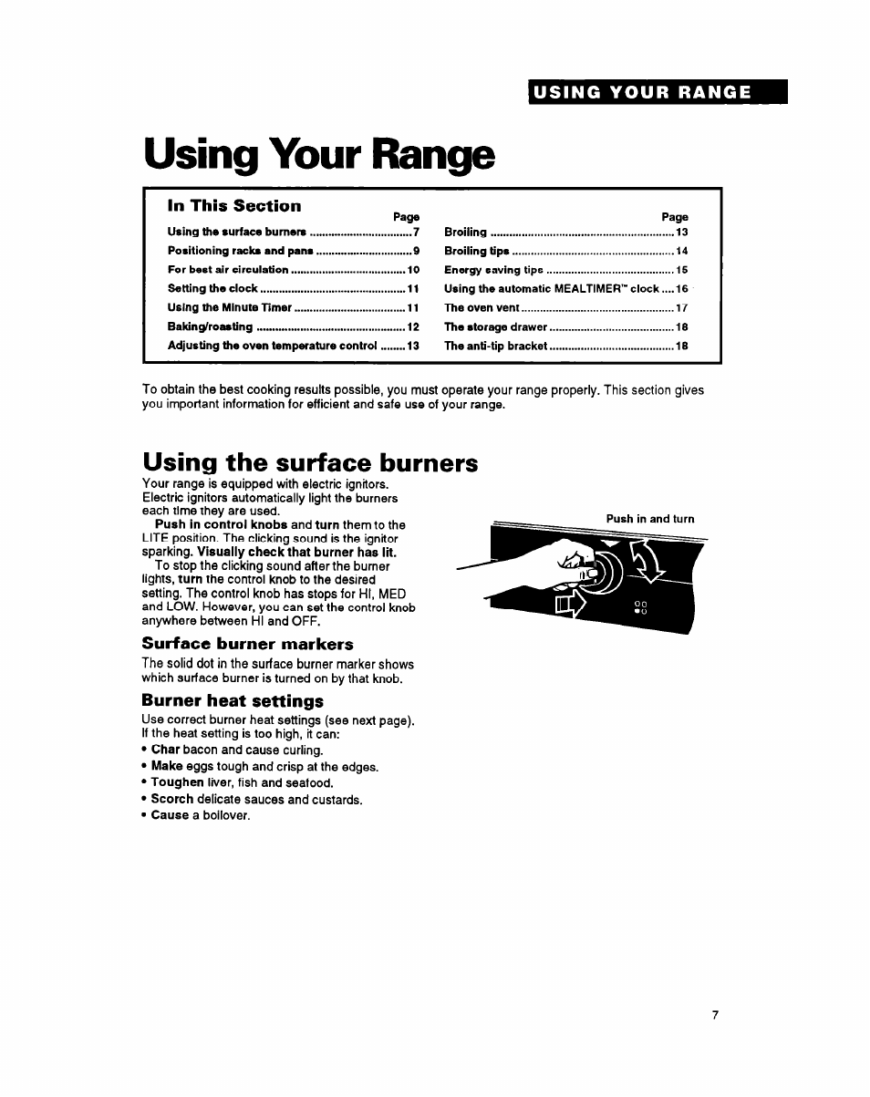Using your range, Using the surface burners, Surface burner markers | Burner heat settings | Whirlpool FGS387Y User Manual | Page 7 / 32