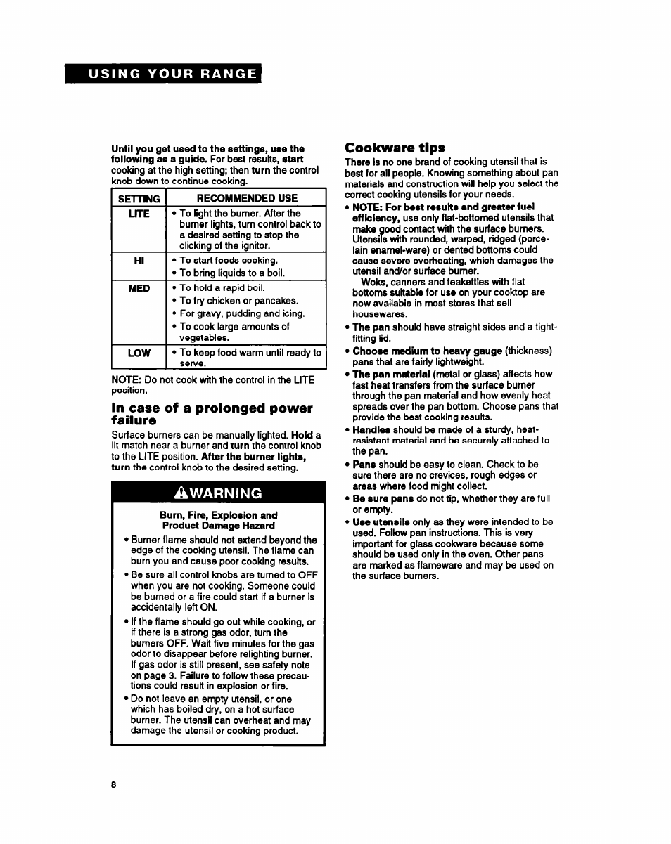 In case of a prolonged power failure, Cookware tips, Warning | Whirlpool FGS387Y User Manual | Page 8 / 32