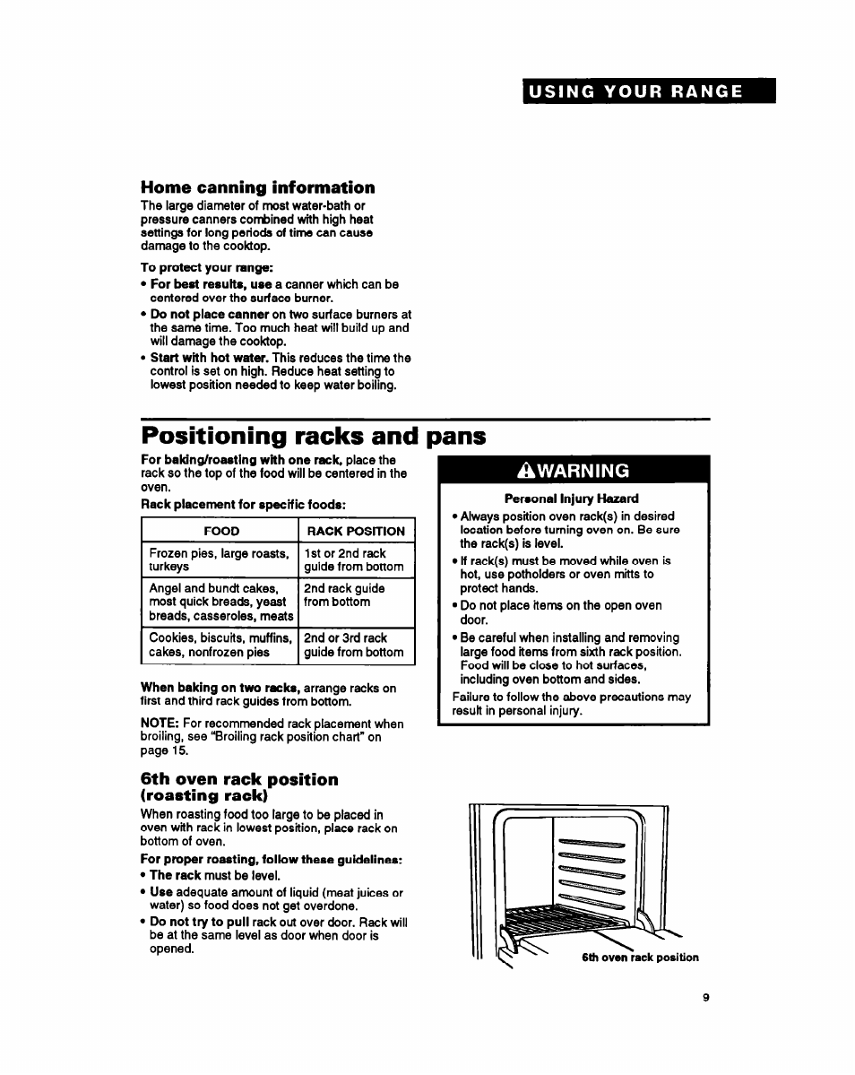 Home canning information, 6th oven rack position (roasting rack), Positioning racks and pans | Whirlpool FGS387Y User Manual | Page 9 / 32