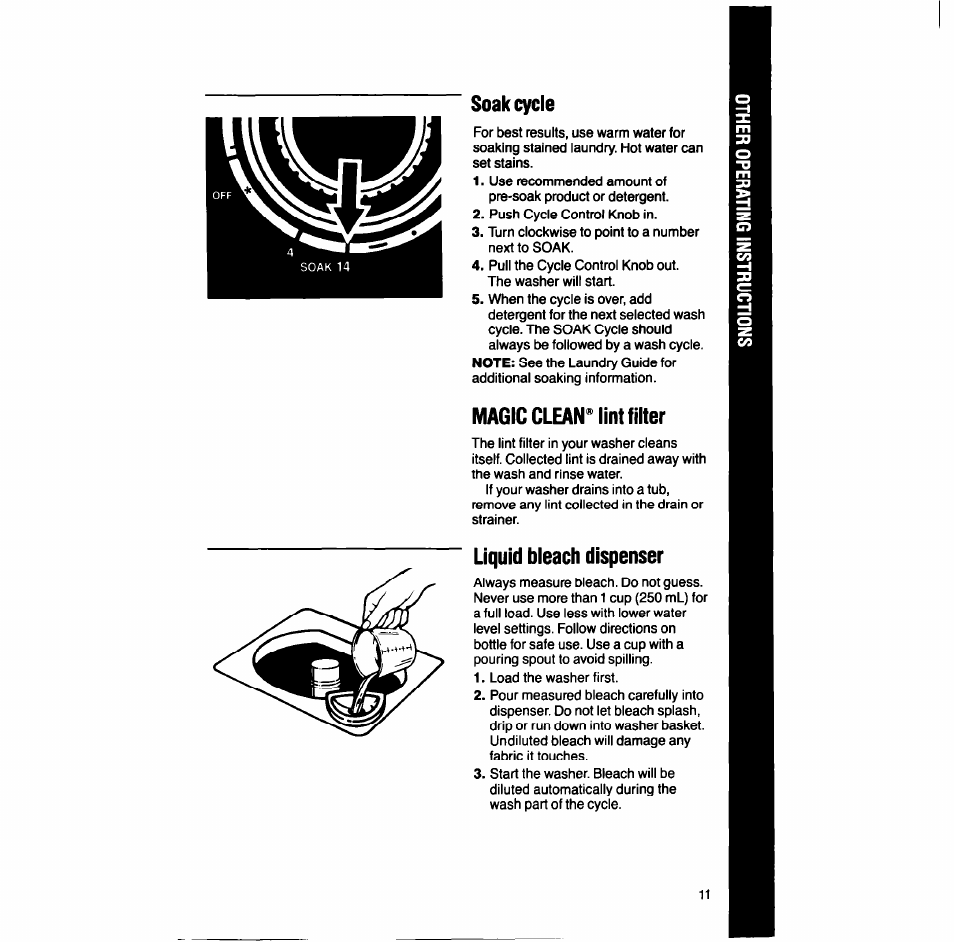 Soak cycle, Magic clean» lint filter, Liquid bleach dispenser | Whirlpool LA9looxT User Manual | Page 11 / 16
