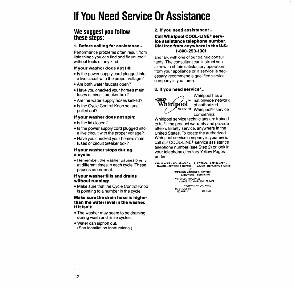 If you need service or assistance, If you need assistance, If you need service | Whiflp<k)l, We suggest you follow these steps | Whirlpool LA9looxT User Manual | Page 12 / 16
