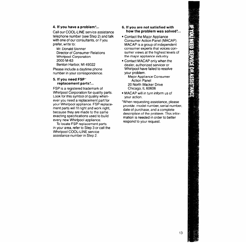 If you have a problem, If you need fsp’ replacement parts | Whirlpool LA9looxT User Manual | Page 13 / 16