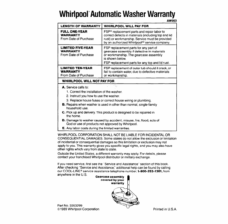 Whirlpool automatic washer warranty | Whirlpool LA9looxT User Manual | Page 16 / 16