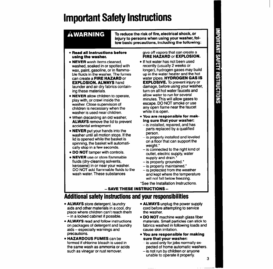 Important safety instructions, Awarning | Whirlpool LA9looxT User Manual | Page 3 / 16