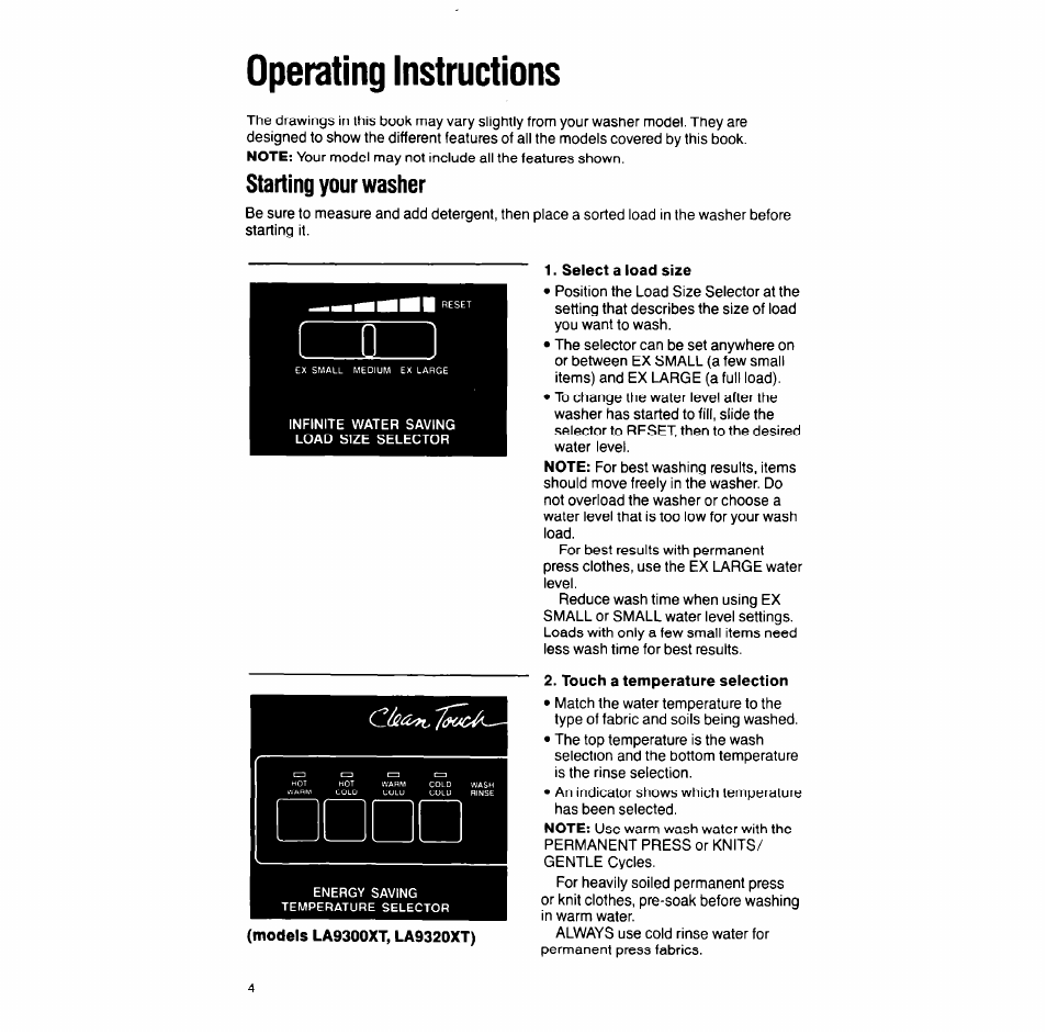 Operating instructions, Select a load size | Whirlpool LA9looxT User Manual | Page 4 / 16