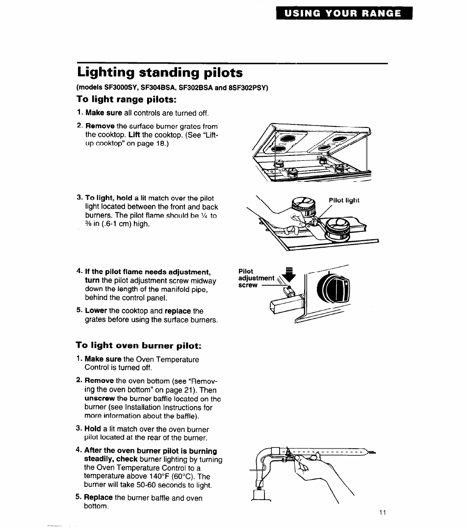 Lighting standing pilots, To light range pilots, To light oven burner pilot | Lighting standing piiots | Whirlpool 8SF302PSY User Manual | Page 11 / 28