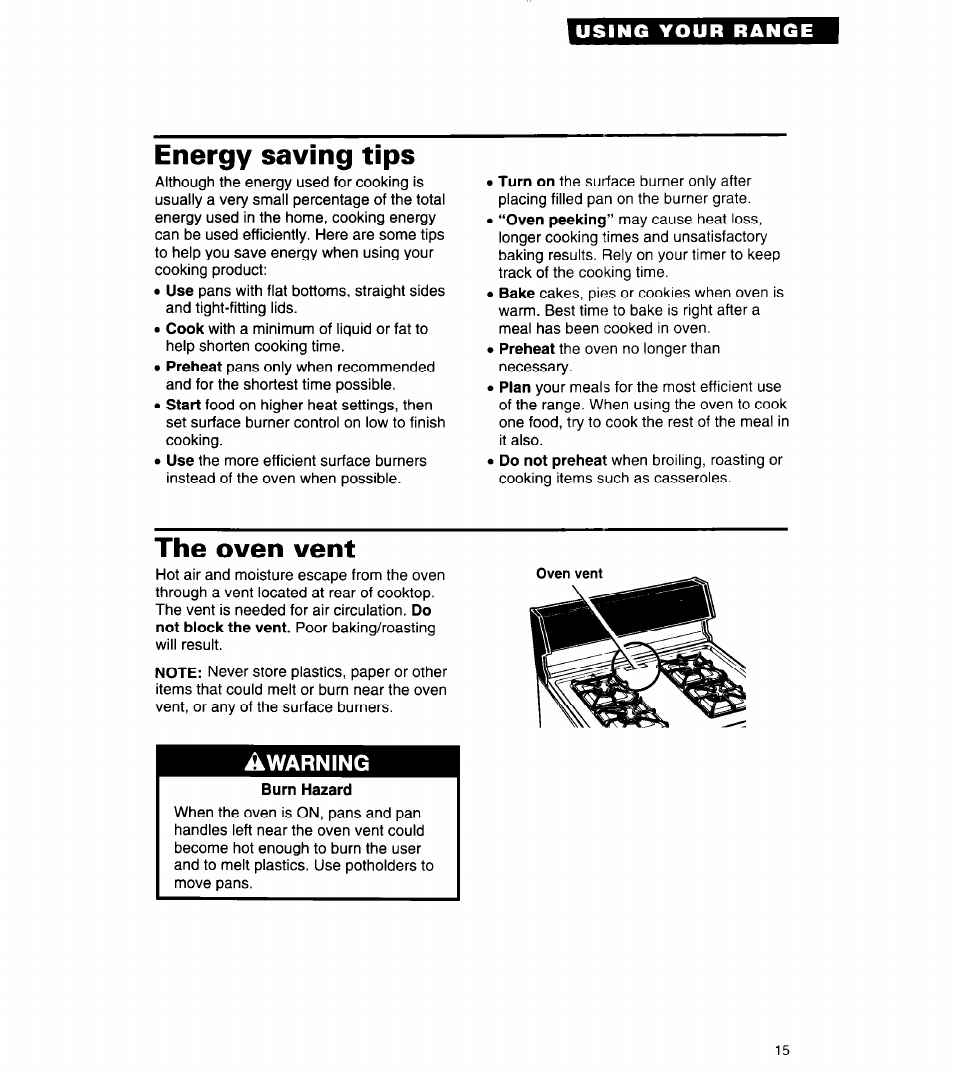 Energy saving tips, The oven vent, Burn hazard | Whirlpool 8SF302PSY User Manual | Page 15 / 28