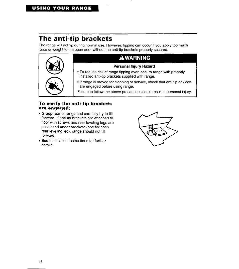 The anti-tip brackets, To verify the anti-tip brackets are engaged | Whirlpool 8SF302PSY User Manual | Page 16 / 28