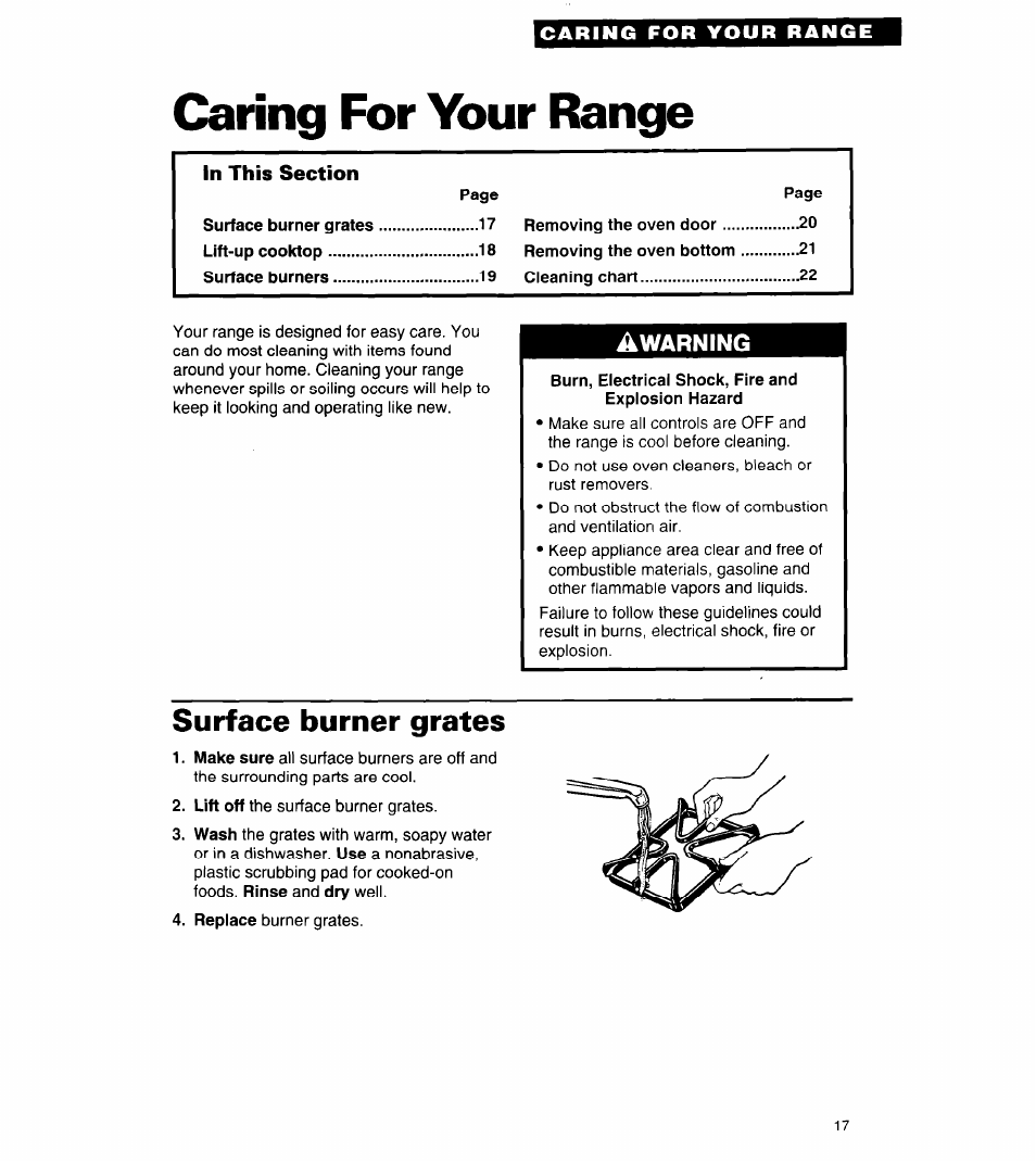 Caring for your range, Burn, electrical shock, fire and explosion hazard, Surface burner grates | Warning | Whirlpool 8SF302PSY User Manual | Page 17 / 28