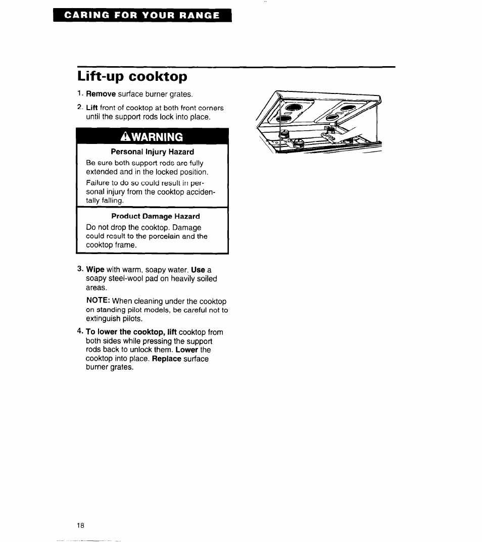 Lift-up cooktop, Product damage hazard | Whirlpool 8SF302PSY User Manual | Page 18 / 28