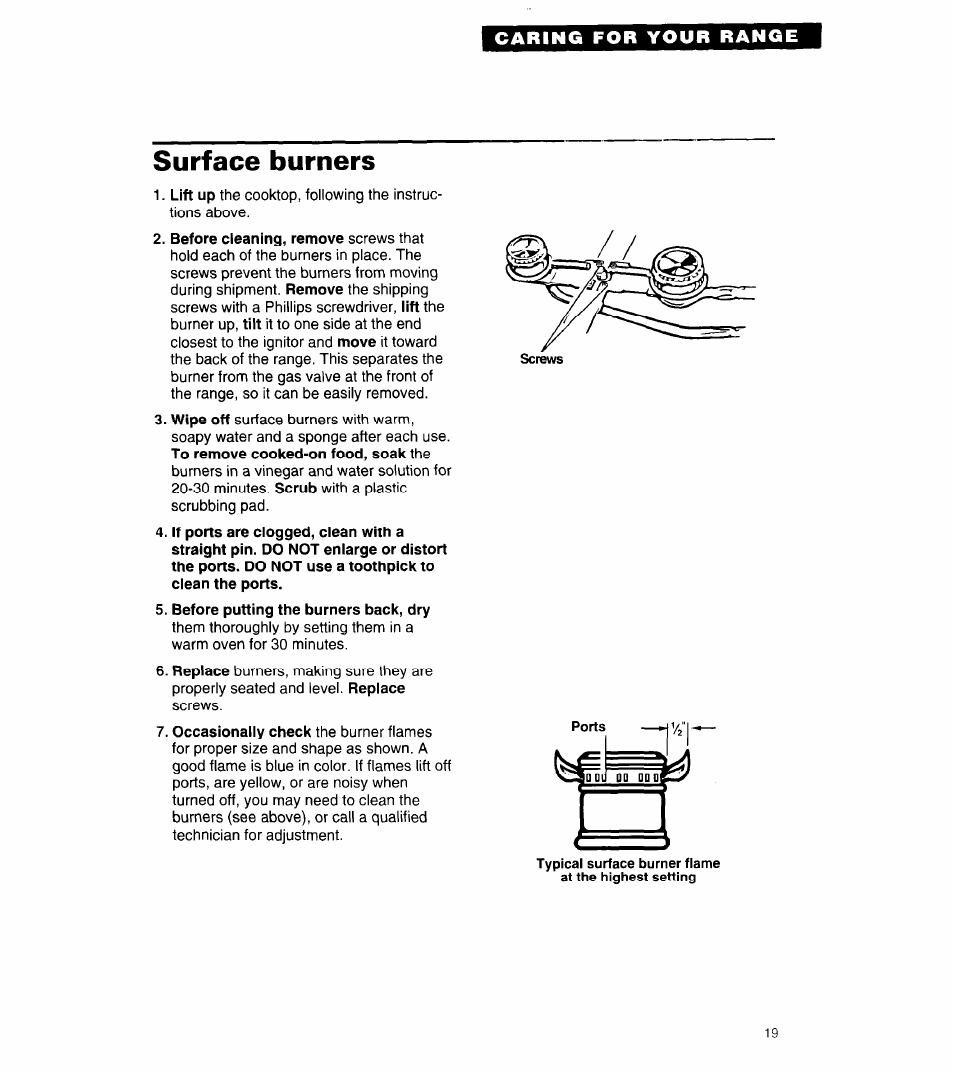 Surface burners, Before putting the burners back, dry | Whirlpool 8SF302PSY User Manual | Page 19 / 28