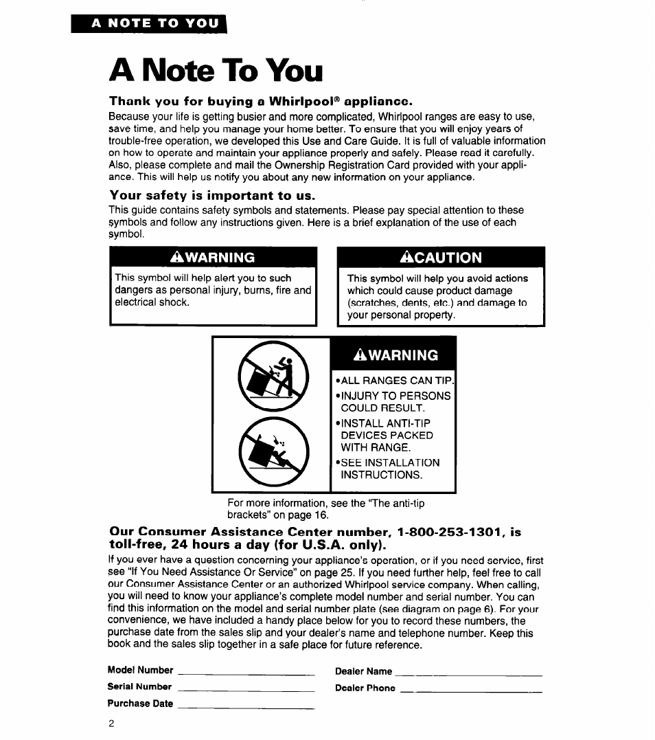 A note to you, Thank you for buying a whirlpool® appliance | Whirlpool 8SF302PSY User Manual | Page 2 / 28