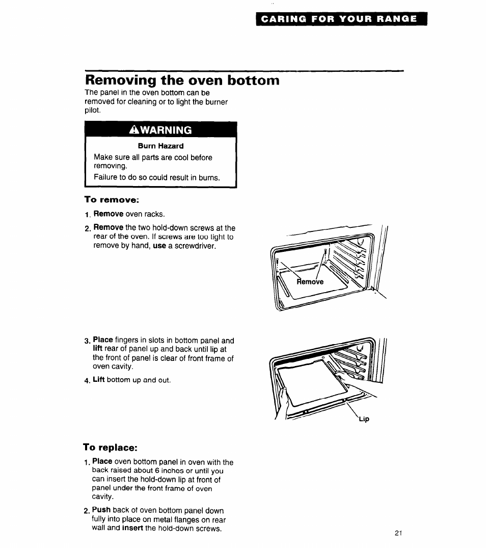 Removing the oven bottom, Burn hazard, To remove | To replace | Whirlpool 8SF302PSY User Manual | Page 21 / 28