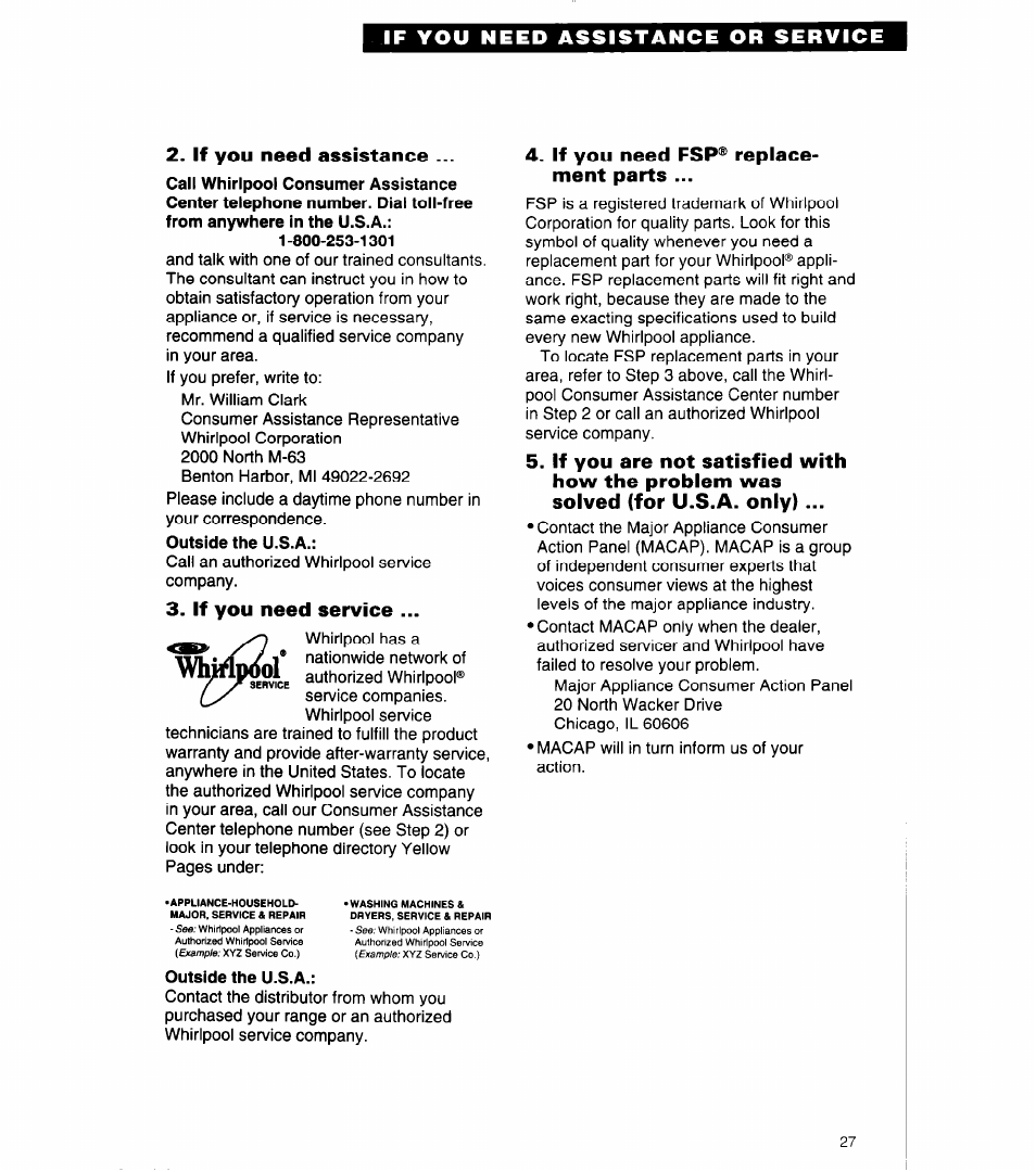 If you need assistance, If you need service, If you need fsp® replacement parts | Outside the u.s.a, If you need assistance or service | Whirlpool 8SF302PSY User Manual | Page 27 / 28