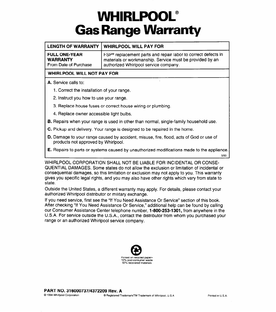 Whirlpool’ gas range warranty, Length of warranty, Whirlpool will pay for | Full one-year warranty, Whirlpool will not pay for, Part no. 316000737/4372209 rev. a | Whirlpool 8SF302PSY User Manual | Page 28 / 28