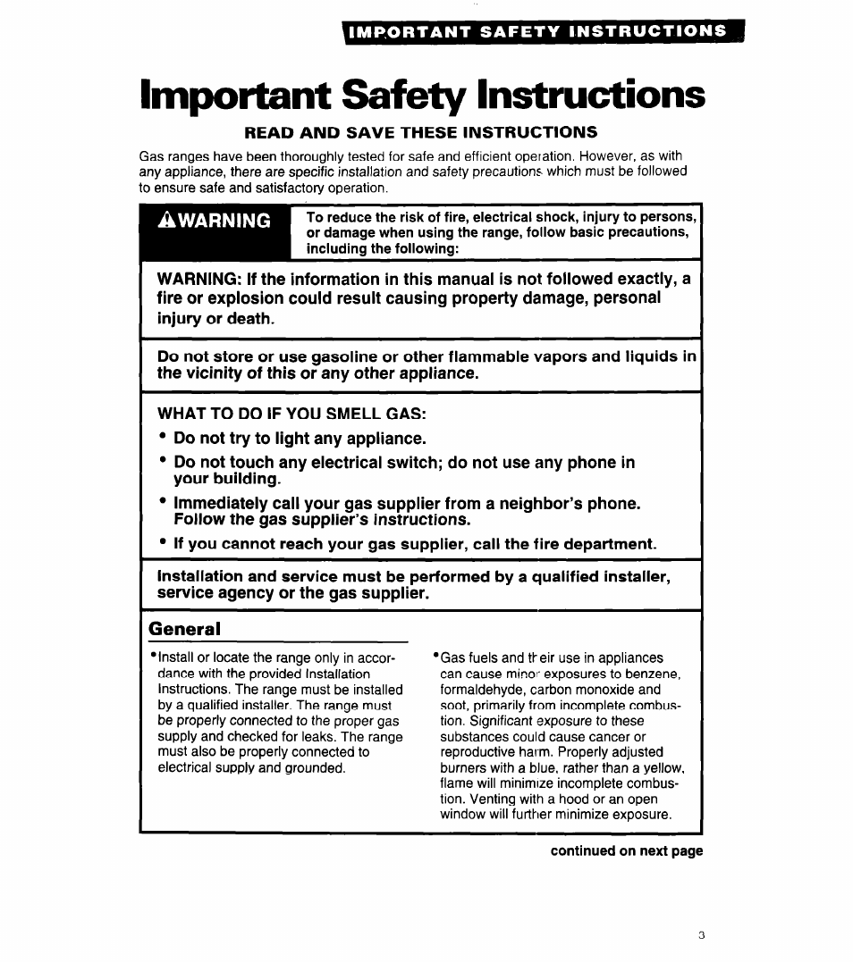 Important safety instructions, Àwarning | Whirlpool 8SF302PSY User Manual | Page 3 / 28