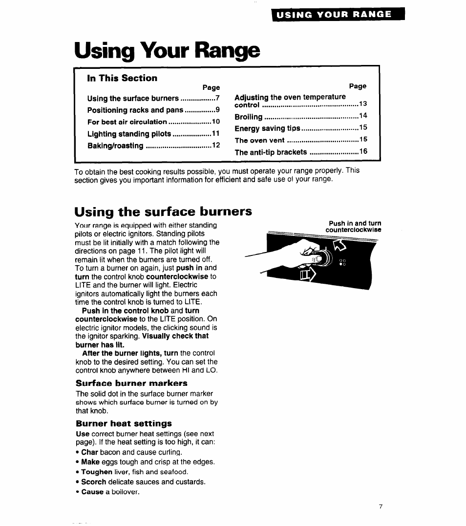 Using your range, In this section, Using the surface burners | Surface burner markers, Burner heat settings | Whirlpool 8SF302PSY User Manual | Page 7 / 28