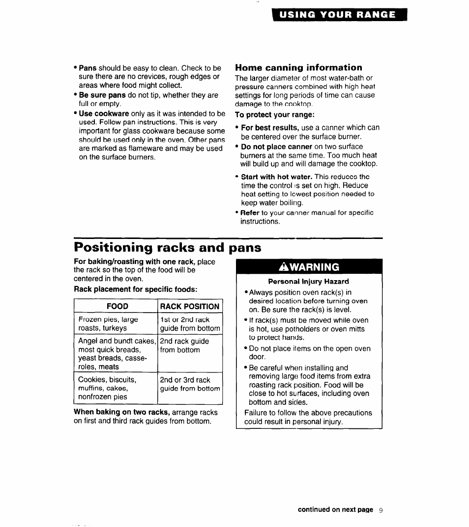 Home canning information, Positioning racks and pans | Whirlpool 8SF302PSY User Manual | Page 9 / 28