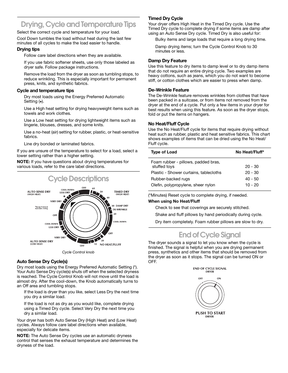 Drying, cycle and temperature tips, Cycle descriptions, End of cycle signal | Whirlpool Combination WASHER / DRYER User Manual | Page 10 / 16