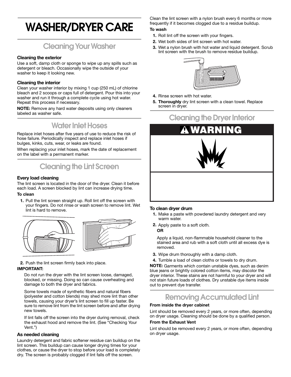 Washer/dryer care, Cleaning your washer, Water inlet hoses | Cleaning the lint screen, Cleaning the dryer interior, Removing accumulated lint | Whirlpool Combination WASHER / DRYER User Manual | Page 11 / 16