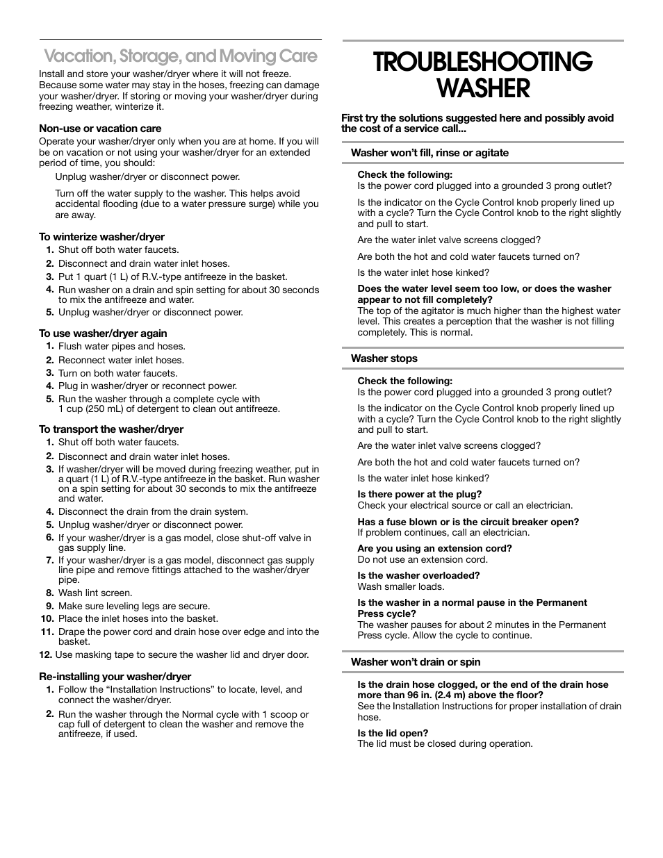 Troubleshooting washer, Vacation, storage, and moving care | Whirlpool Combination WASHER / DRYER User Manual | Page 12 / 16