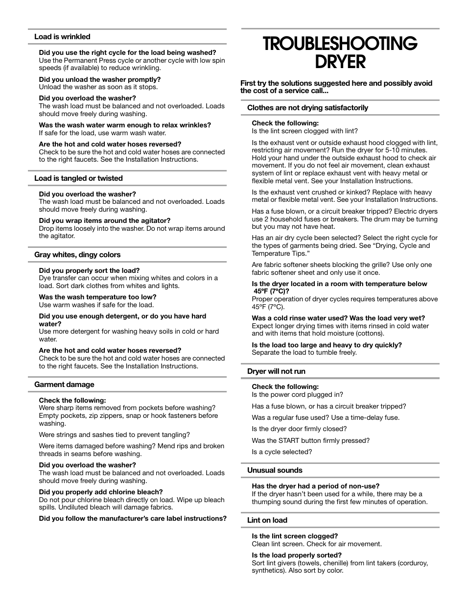 Troubleshooting dryer | Whirlpool Combination WASHER / DRYER User Manual | Page 14 / 16