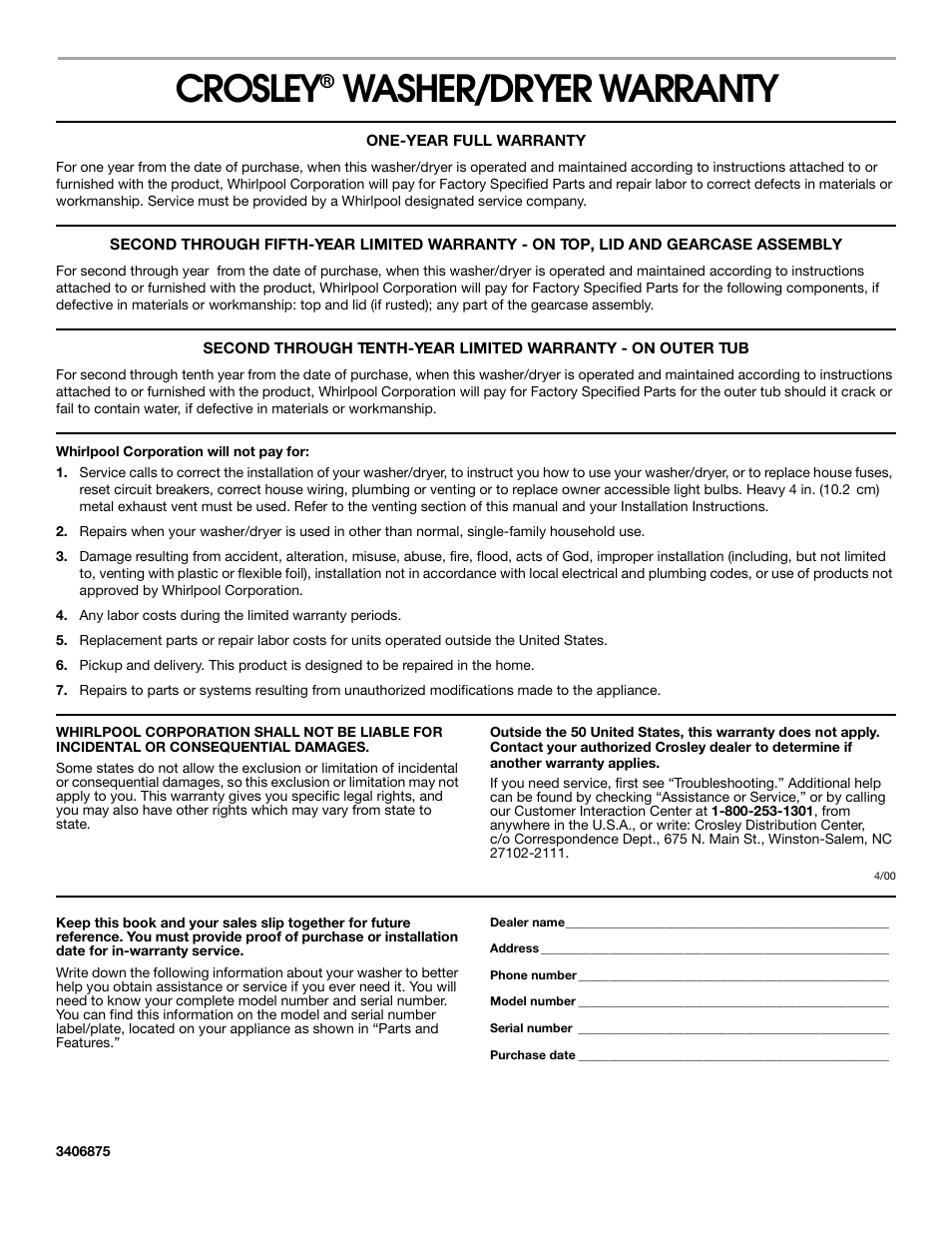 Warranty, Crosley, Washer/dryer warranty | Whirlpool Combination WASHER / DRYER User Manual | Page 16 / 16