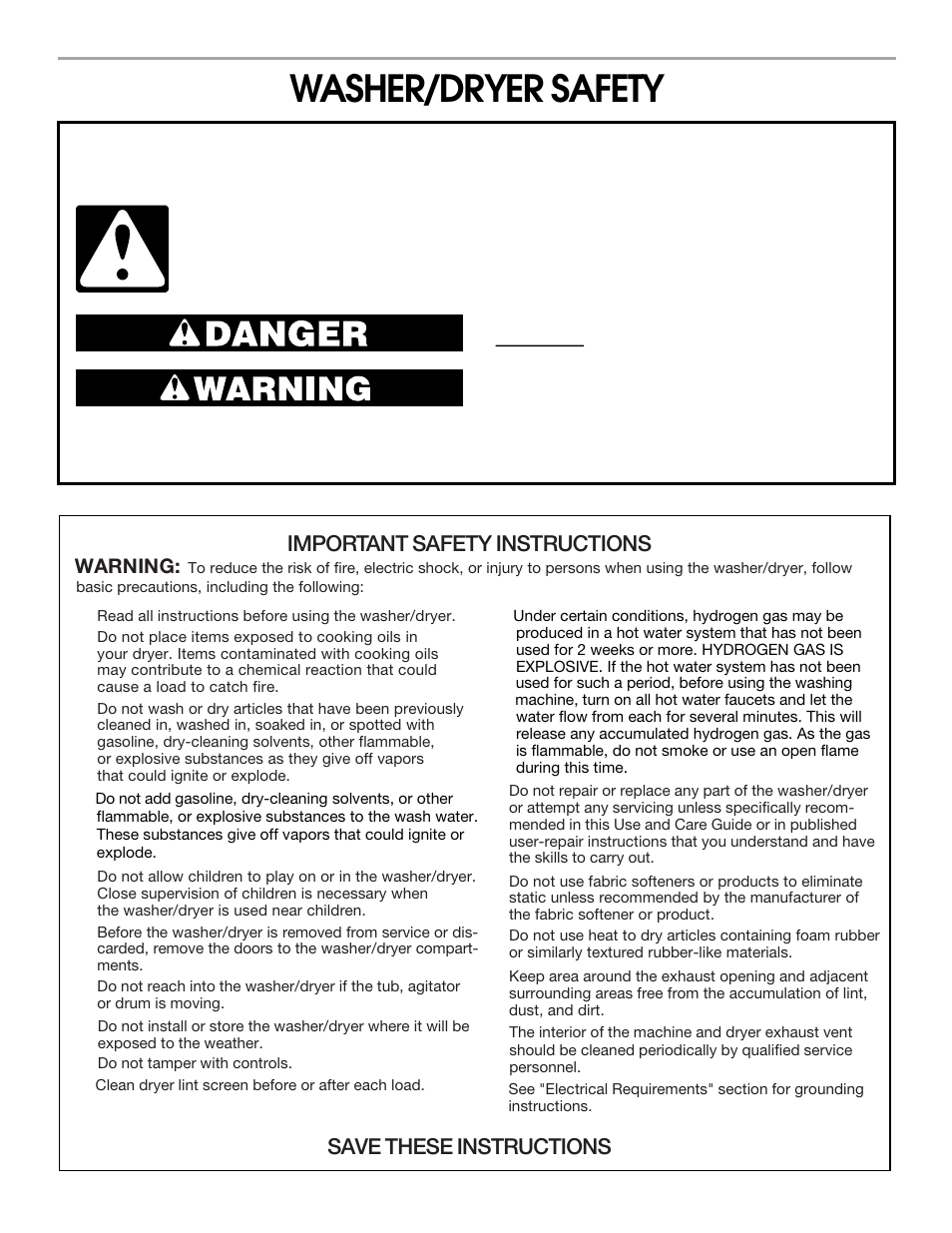 Washer/dryer safety, Important safety instructions, Save these instructions | Warning | Whirlpool Combination WASHER / DRYER User Manual | Page 3 / 16